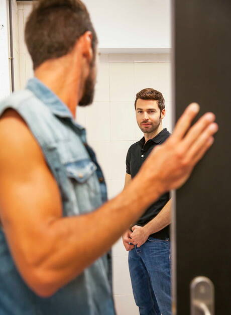 Spanish otter Dario Beck and spanish hairy stud Massimo Piano fuck ass after sucking in bathroom