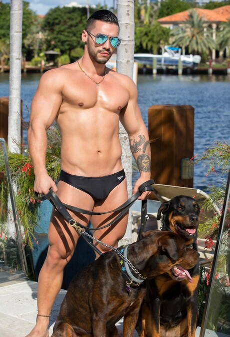 American husky guy Arad Winwin and latin hunky guy Alam Wernik sucking and fucking each other at pool