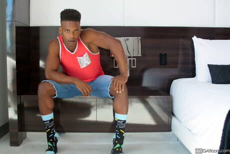 Muscular Mateo Rose and ebony hunky guy Adrian Hart in black on white love outside