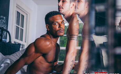 Beard gays Adrian Hart,Austin Avery and Kane Fox with long hair fucking with black gay in the cozy forest house