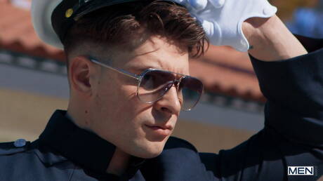 Canadian muscular Malik Delgaty and american young Jack Waters in cock sucking scene outside